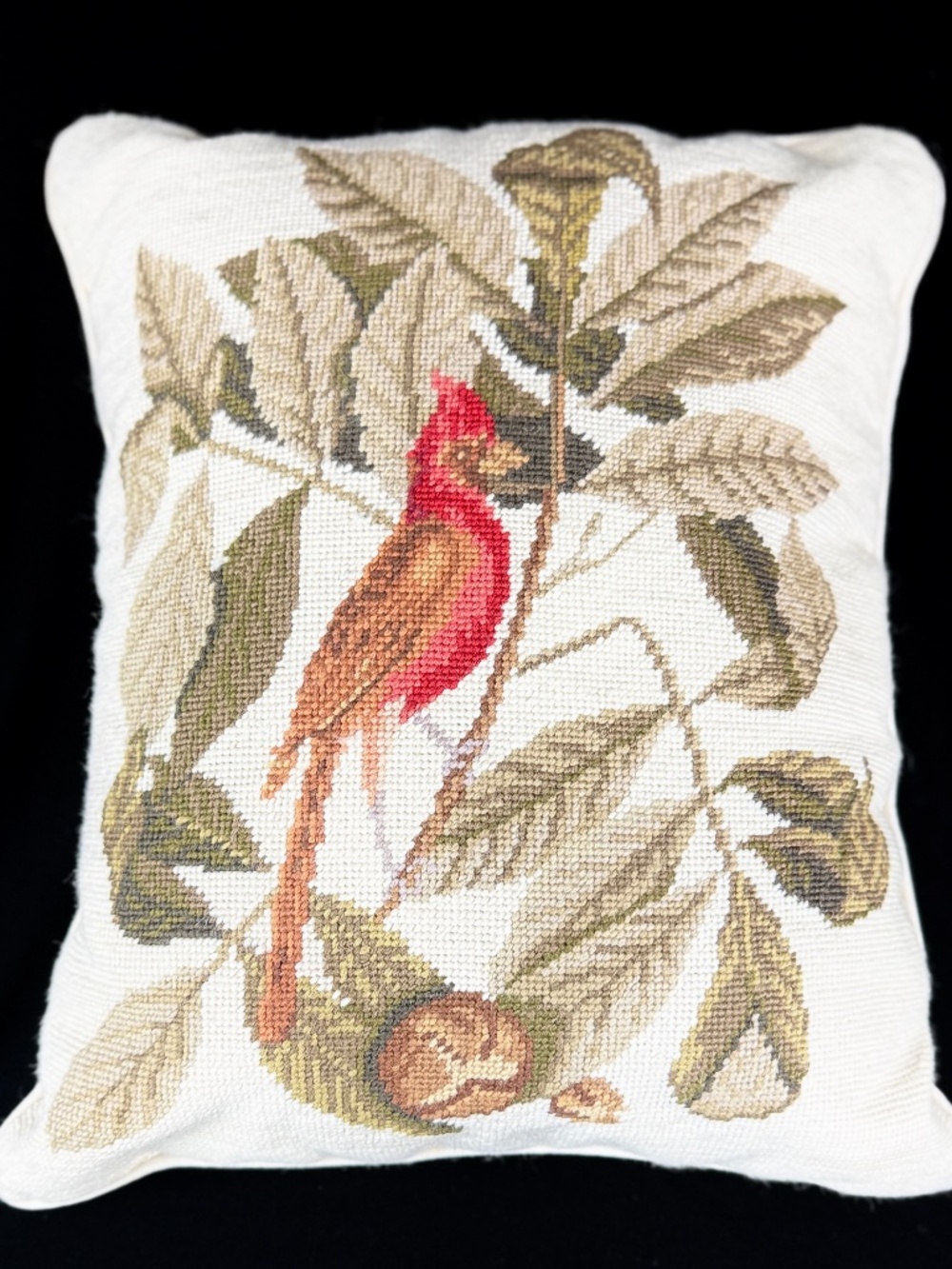 Red Cardinal Needlepoint Pillow 20 X 16.5" Velvet Back Zipper Pipping Excellent